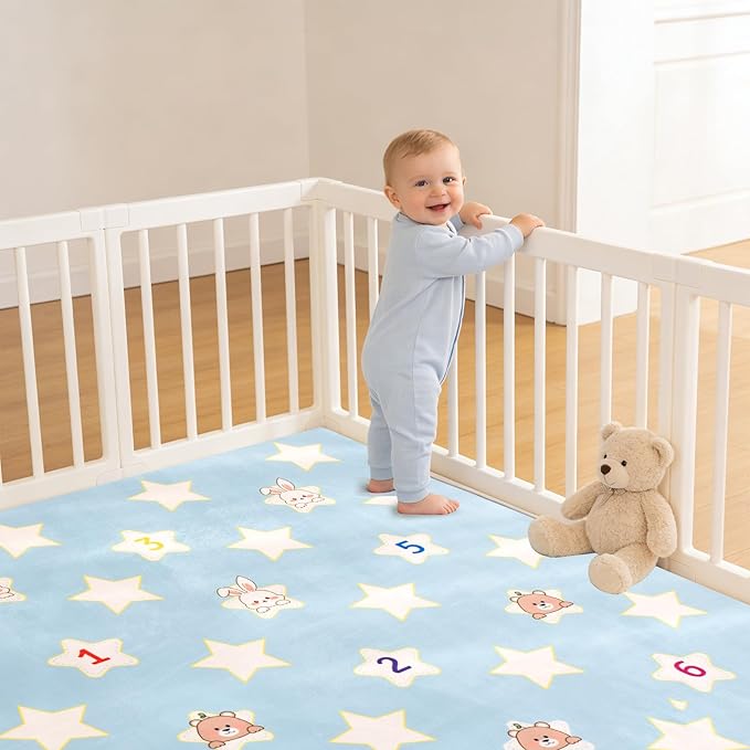 RONGFA Baby Play Mat for Floor, 71'' x 59'' Thicken Foam Padded Playmat for Tummy Time, Playpen Mat for Toddlers Infant Kids, Water-Repellent Coral Velvet, Non-Slip Bottom Safe for Crawling (Star)