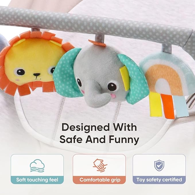 TinlyFinly Baby Bouncer Toy Bar Soft with 4 Hanging Sensory Toys Attachment, Compatible with Baby Bjorn Bouncer, with Mirror, Rattle, Crinkle Sound for Babies All Ages (Colorful Animals)