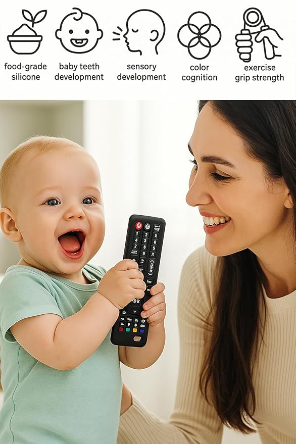 Baby Remote Control Teething Toys 3-6-12 Months, Toddler Sensory Toy – Food Grade Soft BPA-Free Chew Toy for Baby Boy Girl, Teething Relief & Early Development Gifts
