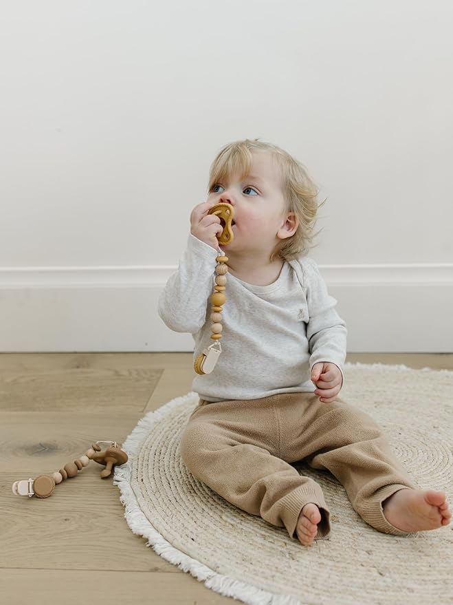 Silicone Pacifier Clip – Metal-Free, Rust-Free, 100% Food-Grade Silicone and Natural Beech Wood, Secure Pacifier Holder for Babies – Sun - Mila & Lulu