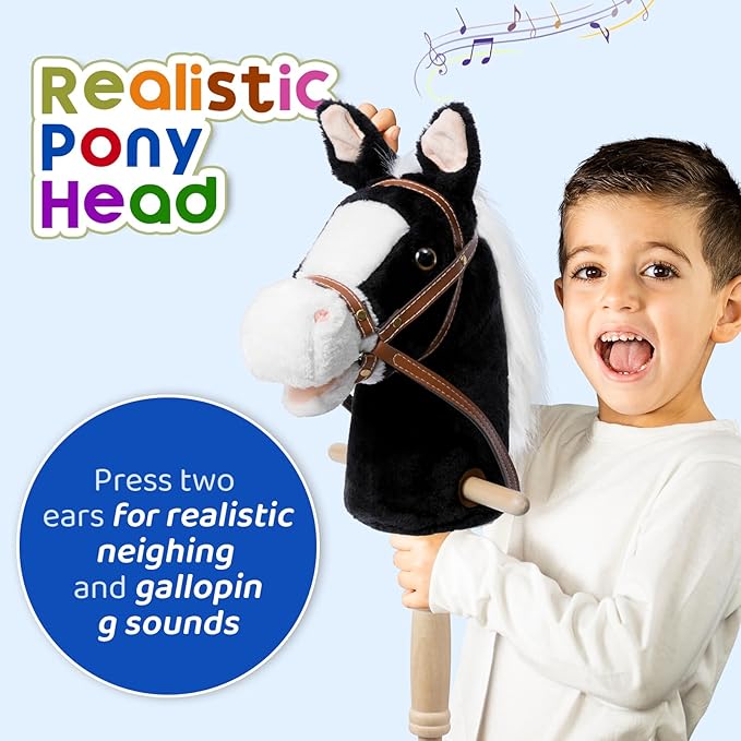 HollyHOME Stick Horse Plush Handcrafted Hobby Horse on a Stick with Wood Wheels Real Pony Neighing and Galloping Sounds for Kids Toddlers Black 36 Inches(AA Batteries Required)