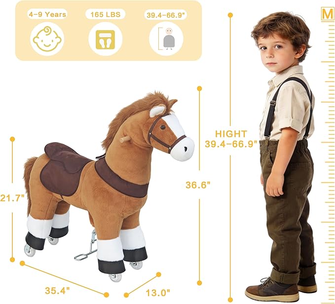 Ride on Horse Toys for Kids, Ride on Toy for 4 to 9 Years Old, 36.6'' Height Riding Horse Rider Mechanical Walking Action Plush Animal, No Battery or Electricity, Max Load 165LBS - Brown