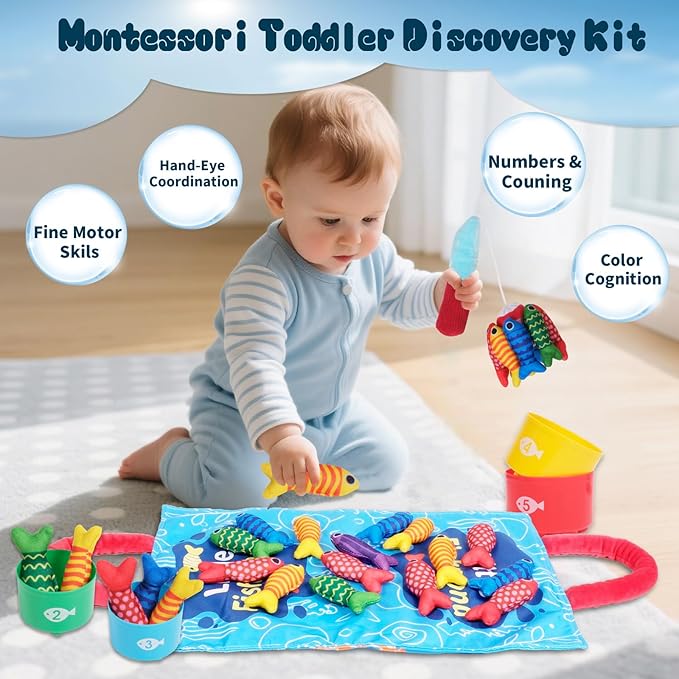 TenFans Montessori Fishing Toy for Babies 6-18 Months, Soft Cloth Ocean Sensory Toy with Stacking Cups & Color Sorting, Early Learning Toy, First Birthday Gift for Boys Girls