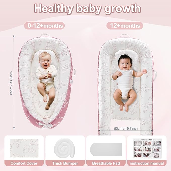 Baby Lounger for Newborn (0-24 Months) - 100% Cotton Baby Nest with Handles, 2-in-1 Play Mat & Diaper Changing Pad, Portable for Home & Travel, Infant Essentials Gifts (Elephant Pink)