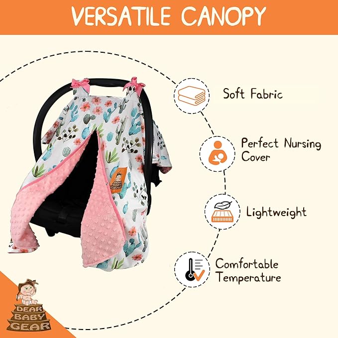 Dear Baby Gear Carseat Canopy with Snap Opening for Girls - Infant Canopies - Nursing Covers - 37" x 29" (Watercolor Cactus Floral, Coral)