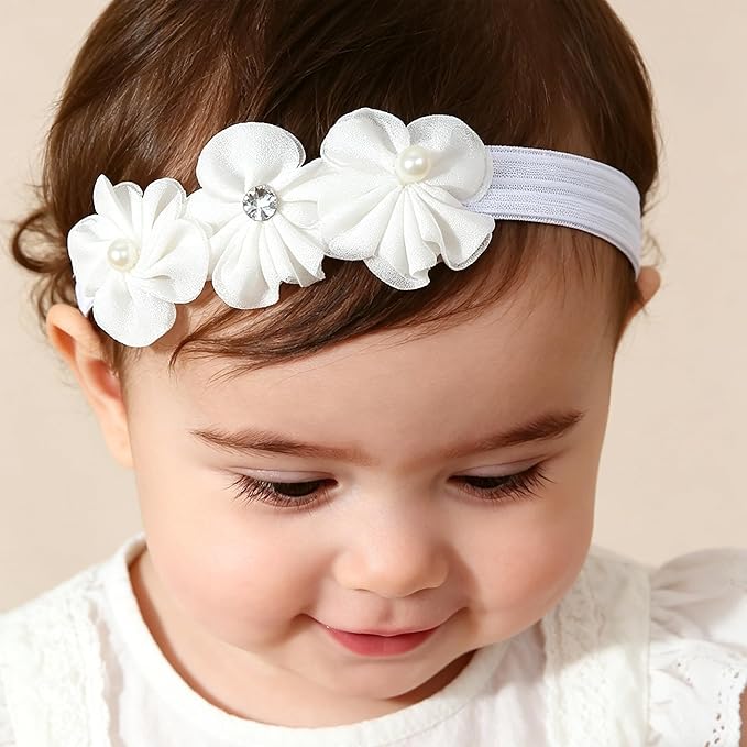 Baby Girls Hairband White Bow Lace Headbands Handmade Soft Stretchy Wide Head Band Newborn Hairbands with Bows Pearls Elastic Headband for Infant Hair Accessories（Three Flowers）