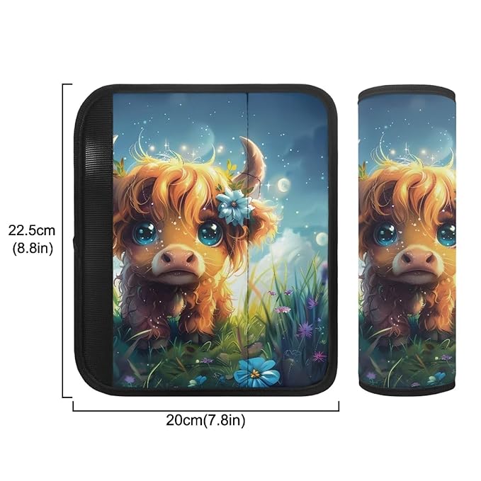 Biyejit Cute Highland Cow Car Seat Straps Shoulder Pad for Kids, Seat Belt Pad, Children Seatbelt Padding, Soft Comfort Seat Belt Cushion, Car Accessories for Boys Girls 2 Pack
