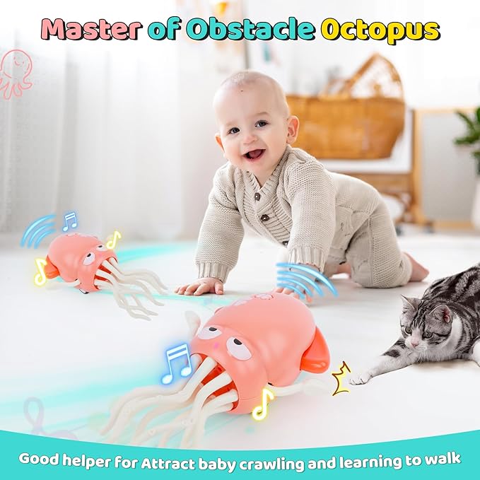 Dancing Octopus - Electric Crawling Musical Baby Toy with LED Lights & Music, Rechargeable Interactive Sensory Toy, Perfect Christmas Birthday Gift for Infants Kids, Tummy Time Fun(Pink)