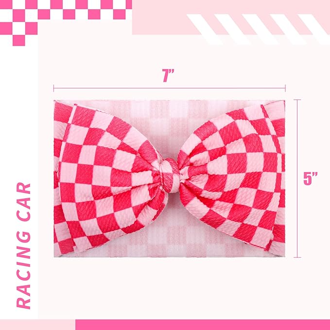 YanJie 7’’ Hot Pink Checkered Bow for Baby Girl Racing Bows Plaid Headbands for Newborns Infants Toddlers Two Fast Birthday Girls Hair Accessories