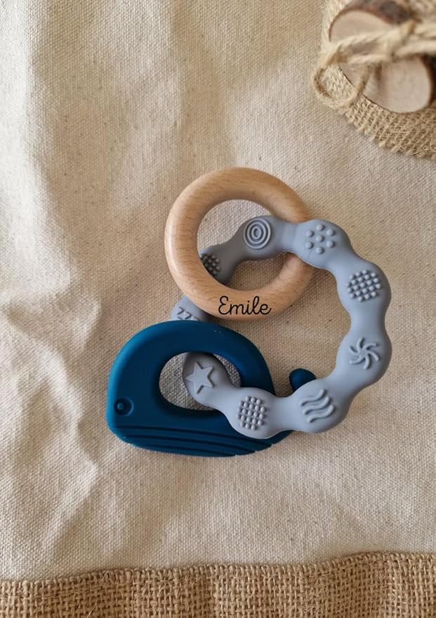 Personalized Silicone & Natural Wood Teething Ring/Rattle,Baby Teether Toys,Newborn Gift