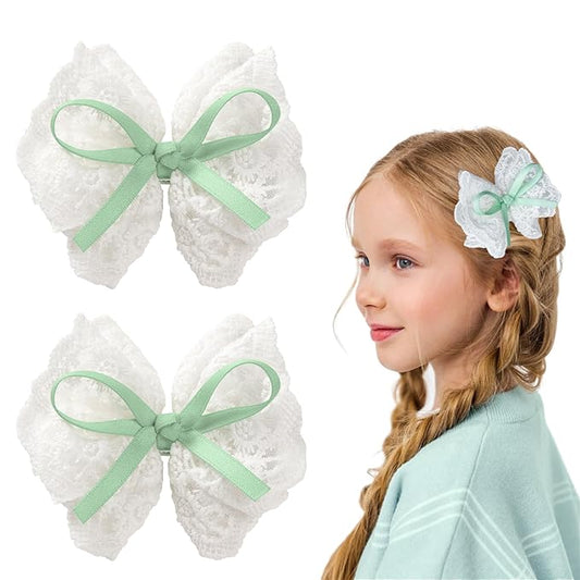 2pcs green hair bow clips for girls. White lace bow with light green hair ribbon, fully lined alligator clips. Handmade hair accessories for girls.
