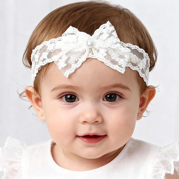Baby Girls Hairbands bows Headband Stretchy Soft Flower Hairband Toddler Handmade Headbands with Pearls Elastic Headband for Infant Toddler Girl Hair Accessories (Pearl Lace Bow, Elastic)