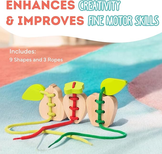 CUBIKA Wooden Lacing Fruit Set – Montessori Threading Toy for Toddlers Ages 3+ – Made from Natural Wood with Water-Based Paints – Travel-Friendly Educational Gift for Boys & Girls