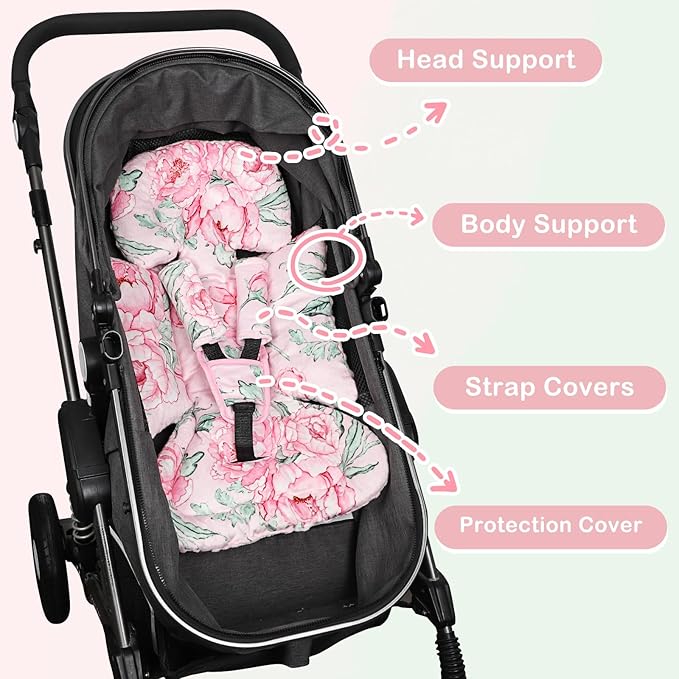 DILIMI Infant Car Seat Insert, Baby Car Seat Head Support with 3 Strap Paddings, Soft Newborn Car Seat Cushion for Stroller, Swing, Bouncers, Pink Flower