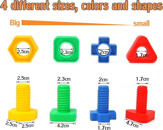Jumbo Nuts and Bolts Toys 52Psc for Toddlers Preschoolers Kids, STEM Educational Montessori Building Construction Screw Matching Activities for 3,4,5 Year Old Boy and Girl.