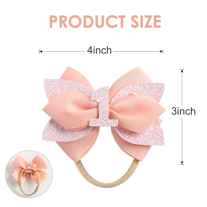 Glitter Birthday Hair Bow for Baby Girls 1 2 3 4 5 6 Years Peach Party Decoration Hair Accessories Headband for First 1st One Birthday