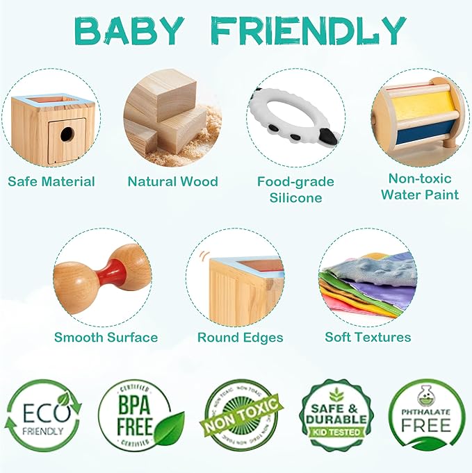 WOODMAM Montessori Toys for Babies 0-6 Months, 9 in 1 Learning Educational Sensory Toys for Newborn 0-3-6 Months, Includes High Contrast Cards, Baby Tissue Box Toy, Spinning Drum, Teether and More