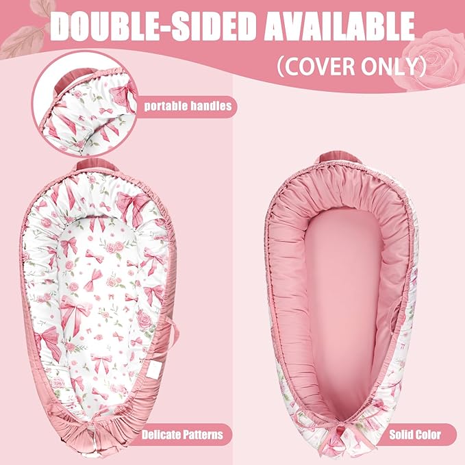 Baby Lounger Cover for Boys Girls, Reversible Baby Nest Cover, Adjustable Baby Lounger Replaceable Cover for Infant Newborn, Portable and Machine Washable, Cotton Pink Rose Cover Only