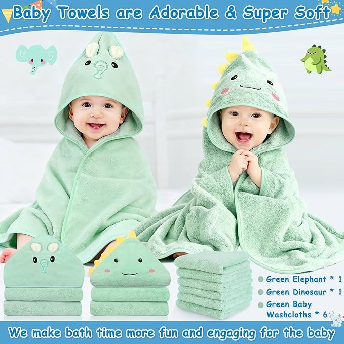 Sublaga 8 Pcs Baby Towel and Washcloths Set, Soft Baby Towels, 2 Pcs 32x32 in Cute Baby Towel with Hood and 6 Pcs Baby Washcloths for Infants, Toddlers and Kids (Green Elephant & Dinosaur)