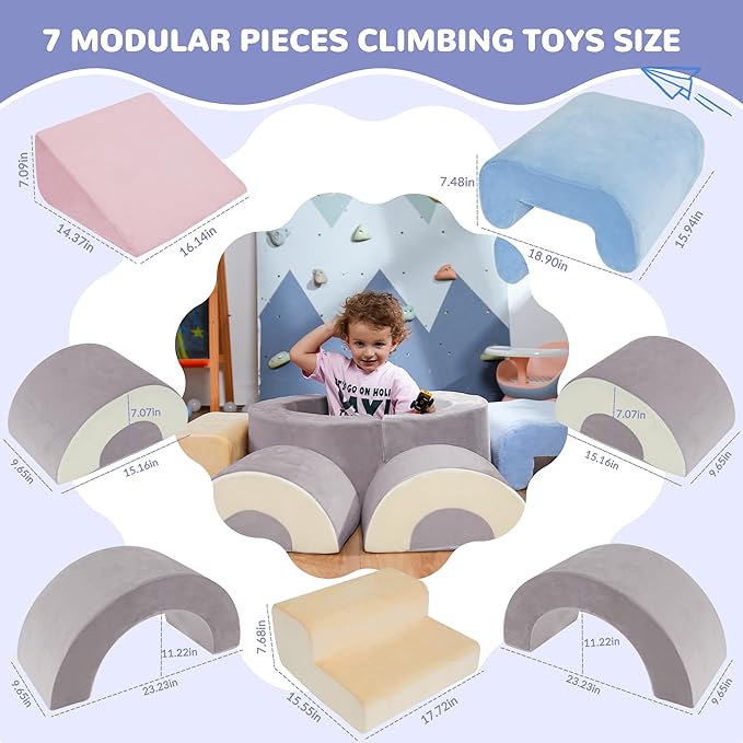 Toddler Climbing Toys Indoor, 7‑Piece Soft Foam Play Set for Toddlers 1‑3, Foam Climbing Blocks with Slide, Stairs & Ball Pit, Crawl and Climb Activity Gym, Lightweight & Washable Kids Gift