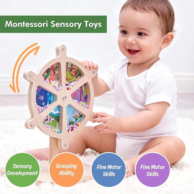 Spinning Activity Drum Toy with Sound, Montessori Wooden Sensory Toy for Babies, Perfect Birthday & Party Gift for 6-18 Months+