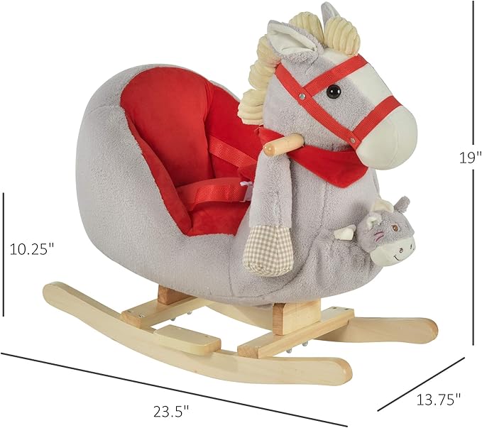 Qaba Kids Ride-On Rocking Horse Toy, Rocker with Lullaby Song, Hand Puppets & Soft Plush Fabric for Children 18-36 Months, Gray