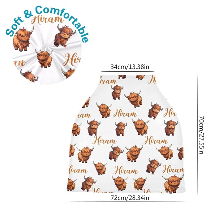 Personalized Multi Use Baby Car Seat Cover with Name, Customized Cute Highland Cow Baby Carseat Cover for Boys Girls, Nursing Cover Breastfeeding Scarf Stroller Canopy for Newborn Infant