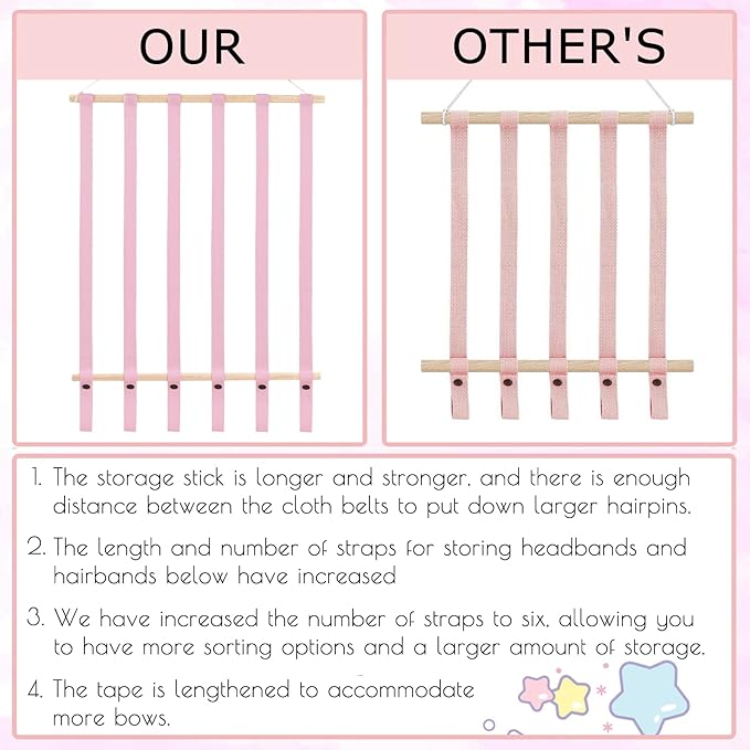 OAOLEER Hair Bow Holder Organizer for Girls Hair Bows,Hair Accessories Headband Organizer Bow Storage Hanger for Baby Girls Wall Hanging Decor for Toddler Girls (Pink)