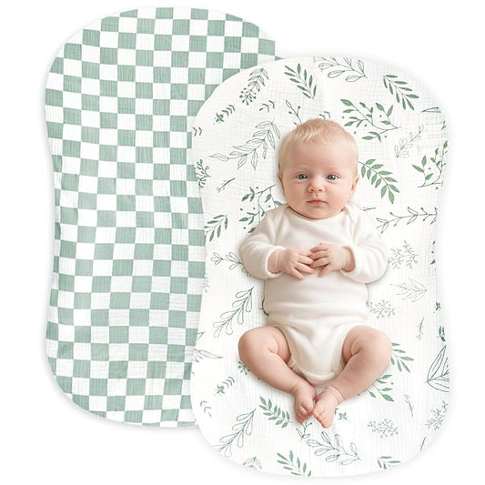 Hooyax Muslin Baby Lounger Cover 2 Pack - 100% Breathable Cotton Soft Infant Lounger Covers, Fits Most Standard Newborn Loungers & Pillows (Green Checker+Leaf)