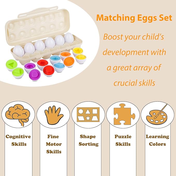 Hhyn Matching Eggs Set with Beige Eggs Holder, Upgraded Toddler Egg Toys Learning Shapes and Colors Educational Puzzle Sorting Games Improve Motor Skills for Kids Easter Gift, 12 Eggs