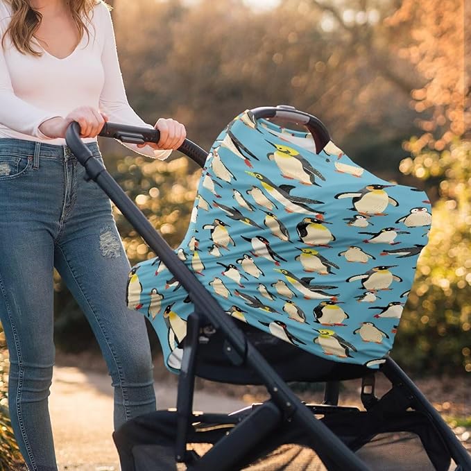 Binienty Funny Penguin Pattern Nursing and Stroller Cover for Sun Protection, Baby Girls Boys Stretchy Multi-Use Breastfeeding Scarf for Moms, Newborn Essentials