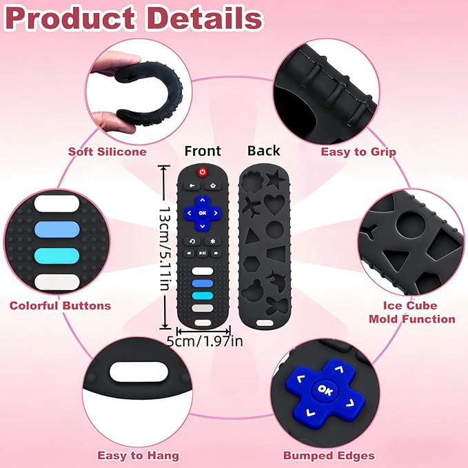 2Pcs Baby Teething Toys, BPA-Free Food Grade Silicone Baby Remote Control Teething Toy for 3-18 Months, Baby Remote Teether, Newborn Teething Relief TV Remote Shaped Toy (Black&Blue)