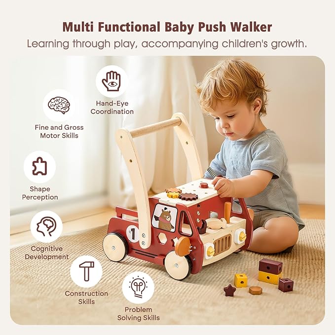 IEATFO 3-in-1 Wooden Baby Walker Adjustable Height with Tool Bench and Toy Storage Wagon - Multifunctional Toddler Push Walker Ergonomically Designed for Natural Walking - 3+ Years of Continuous Use