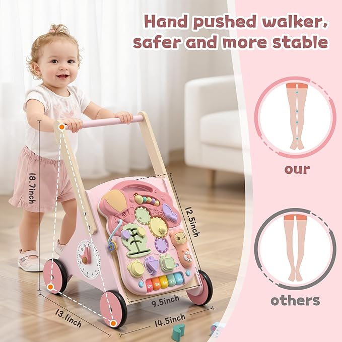 2 in 1 Wooden Baby Walker and Activity Center for Girls Boys Sit-to-Stand Learning Toy Kids Montessori Educational Push Toys with Music Detachable Busy Keyboard for Toddlers