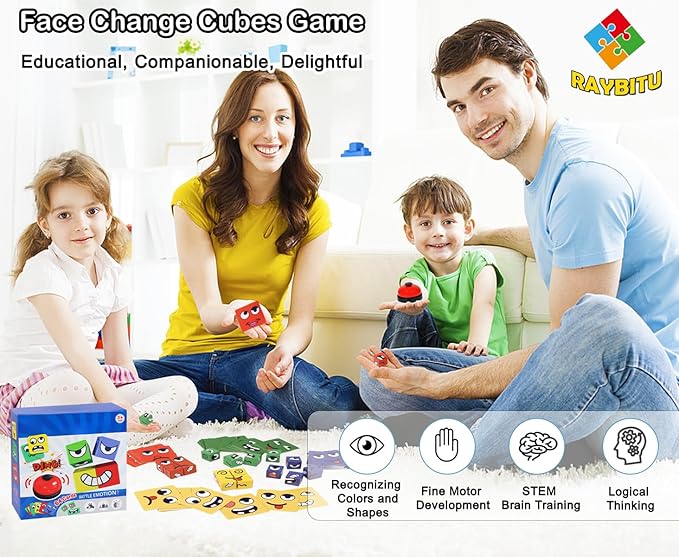 Face Changing Magic Cubes Game - Expression Matching Block Puzzle with Bell, Educational Building Toy for Kids & Adults, Fun Family Board Game