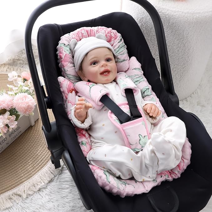 DILIMI Infant Car Seat Insert, Baby Car Seat Head Support with 3 Strap Paddings, Soft Newborn Car Seat Cushion for Stroller, Swing, Bouncers, Pink Flower