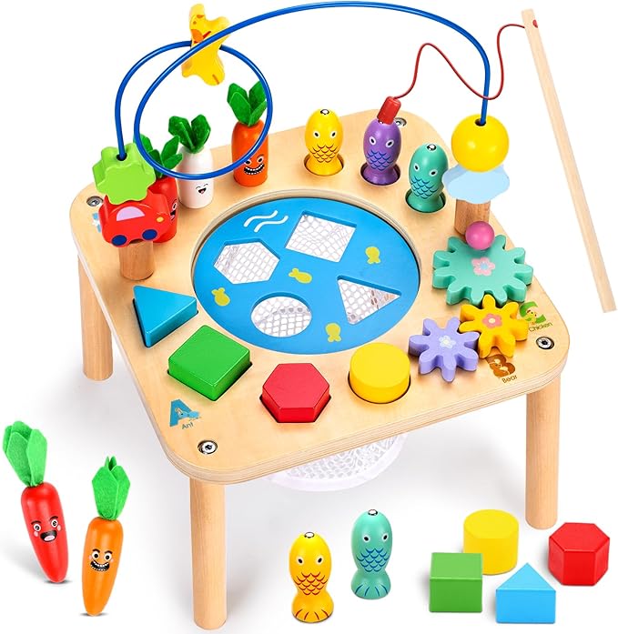 WINGYZ Activity Table, 6 in 1 Wooden Montessori Activity Center with Bead Maze Shape Sorter Fishing Game, Kids Sensory Play Table Toddler Toys 1st Birthday Gifts Boy Girl(Rainbow)