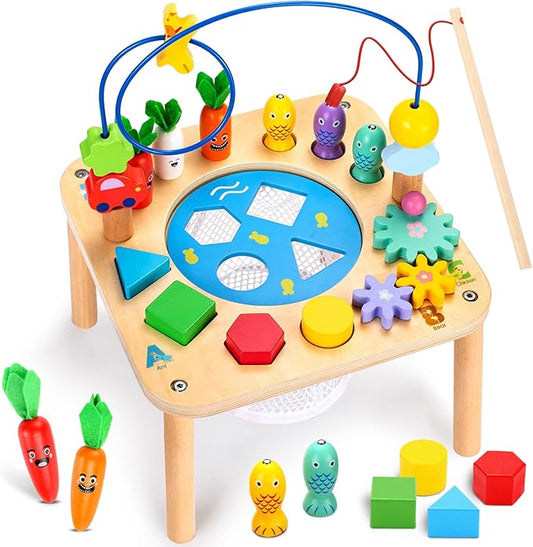 WINGYZ Activity Table, 6 in 1 Wooden Montessori Activity Center with Bead Maze Shape Sorter Fishing Game, Kids Sensory Play Table Toddler Toys 1st Birthday Gifts Boy Girl(Rainbow)