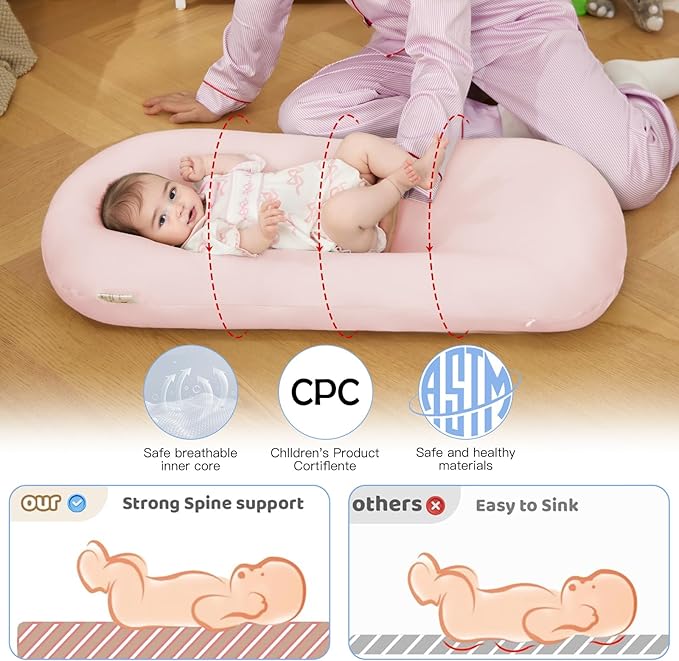 Lucakuins Infant Support Cushion, 0-24 Months Newborn Baby Support Cushion with Cover, Portable Playing Time Mat for Home and Travel, Soft Cotton, Supervised Use, Baby Essentials Gift (Lovely Pink)