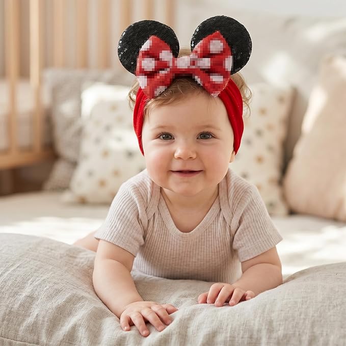 JIAHANG Baby Girl Mouse Ears Headwrap with Sequin Polka Dot Bow, Velvet Turban Hairband, Hair Bow Headband for Toddler, Kids, Party Supplies