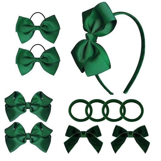baotongle 11pcs Green School Hair Accessories Set Uniform Hair Bow Headband Clips Hair Ties Curly Bows for Little Toddler School Girls(Green)