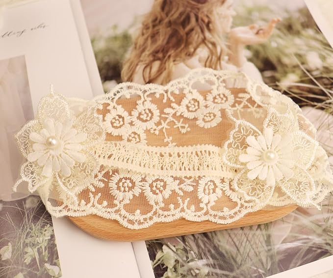 Baby Girls Headband Lacy Bow Pearl Wide Hair Band Turban for Infants Newborn Toddler Floral Ivory Elastic Head Wrap Breathable Sun Bonnet Hair Accessories (Ivory G)