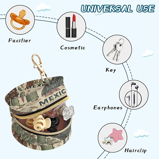 Pacifier Holder with Clip Pacifier Case for Diaper Bag Round Baby Pacifier Pouch Box Bag Portable Mexico American Eagle Cactus Beige