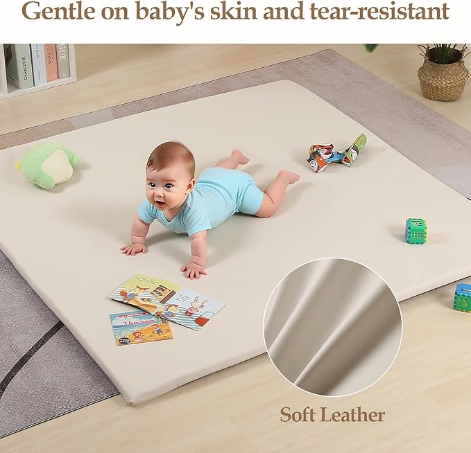 MOMCAYWEX 50"x50" Premium Baby Play Mat, Thick Memory Foam with Wipe-Clean Leather Cover, Non-Slip & Machine Washable Floor Mat for Tummy Time, Crawling and Family Bonding Time, Cream