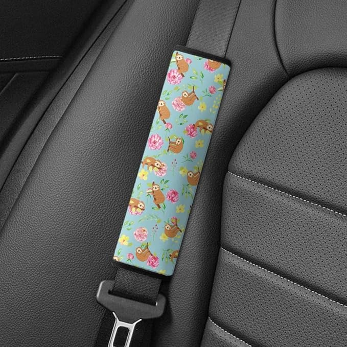 ENLACHIC Kids Car Seat Belt Cover, Cute Cartoon Animal Print Baby Car Seat Strap Pads Infant Car Seat Protector Car Accessories Universal All Cars,Sloth Flower