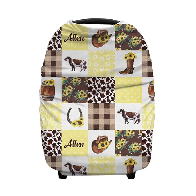 Personalized Cowboy Plaid Baby Car Seat Covers with Name, Custom Western Nursing Cover Breastfeeding for Babies, Carseat Canopy for Boys and Girls, Infant Stroller Cover, Breathable Carseats Cover