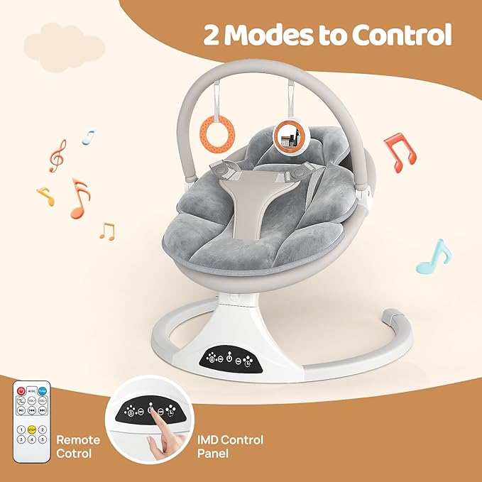 Electric Baby Swing with Remote Control - 5 Natural Motion Speeds, Detachable Seat Pad | Portable Infant Swing for Indoor/Outdoor Use (0-6M, 20lbs) (Beige)
