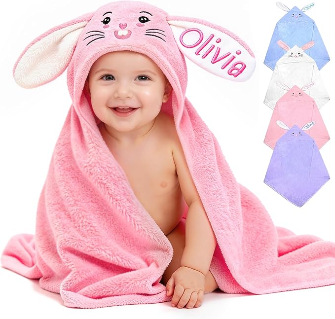 Custom Hooded Bath Towel with Name, Personalized Highly Absorbent Bunny Towels, Baby Bath Towels for Girls Boys, Brithday Easter Gifts for Baby, Toddler, Newborn, Infant (Pink)