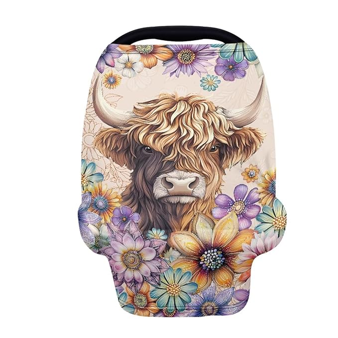 Highland Cow Carseat Cover for Babies, Dahlia Floral Breathable Infant Carseat Cover for Baby Girl Carrier Cover, Shopping Cart Cover for Baby