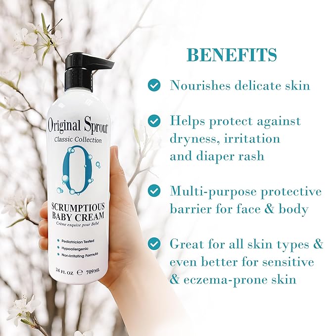 Original Sprout Scrumptious Baby Cream for Sensitive Skin & Diaper Rash, Gentle Non-Greasy Baby Lotion with Zinc Oxide & Calendula, Moisturizing Face & Body Cream, 24 fl oz